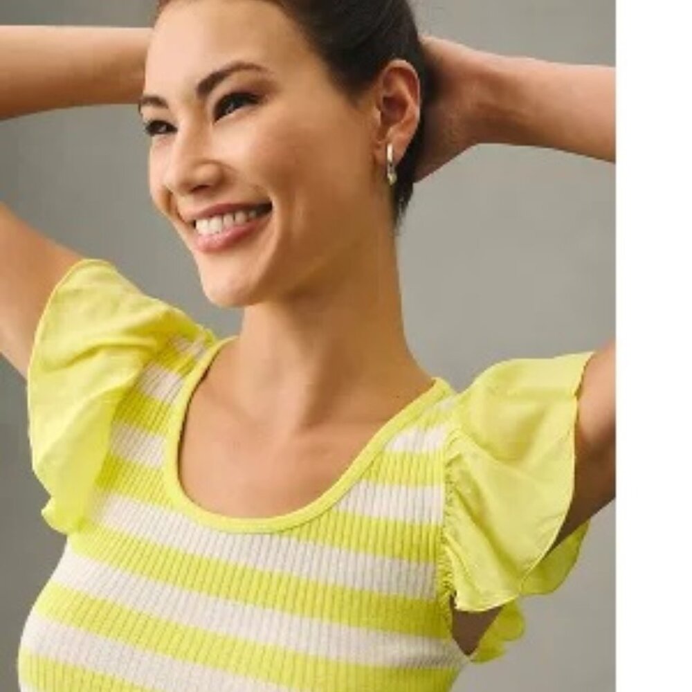 NWT T.La Anthropologie Flutter Sleeve Lemon Yellow Striped Tee Size M